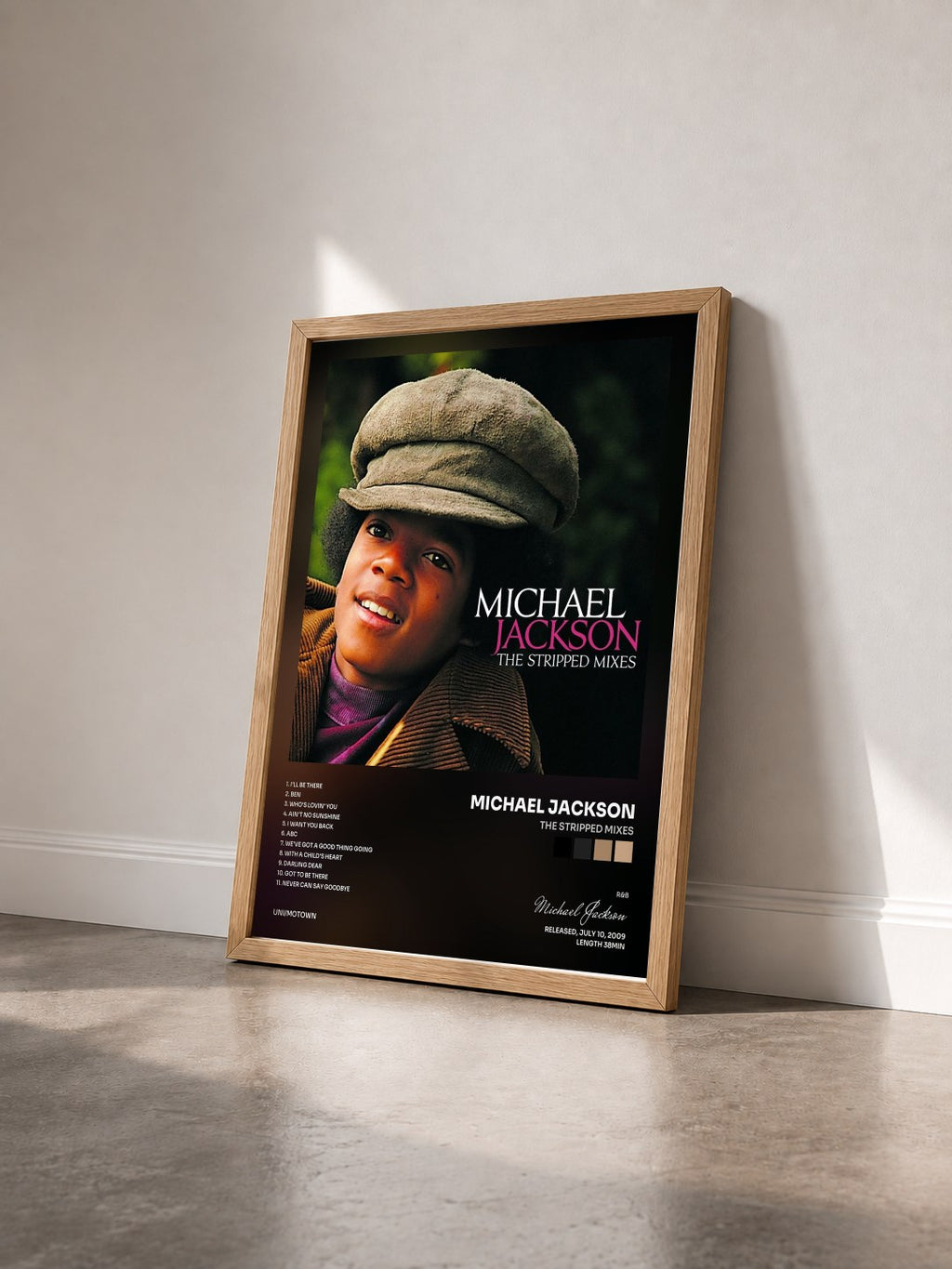 #bois Tableau de l'album The Stripped Mixes de Michael Jackson vu de trois quarts, cadre en bois brut