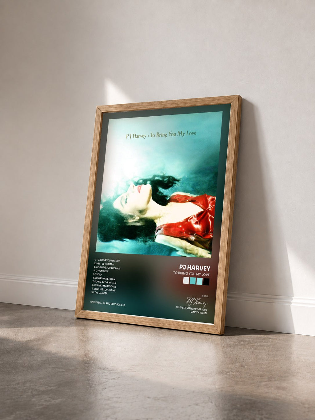 #bois Tableau de l'album To Bring You My Love de PJ Harvey vu de trois quarts, cadre en bois brut