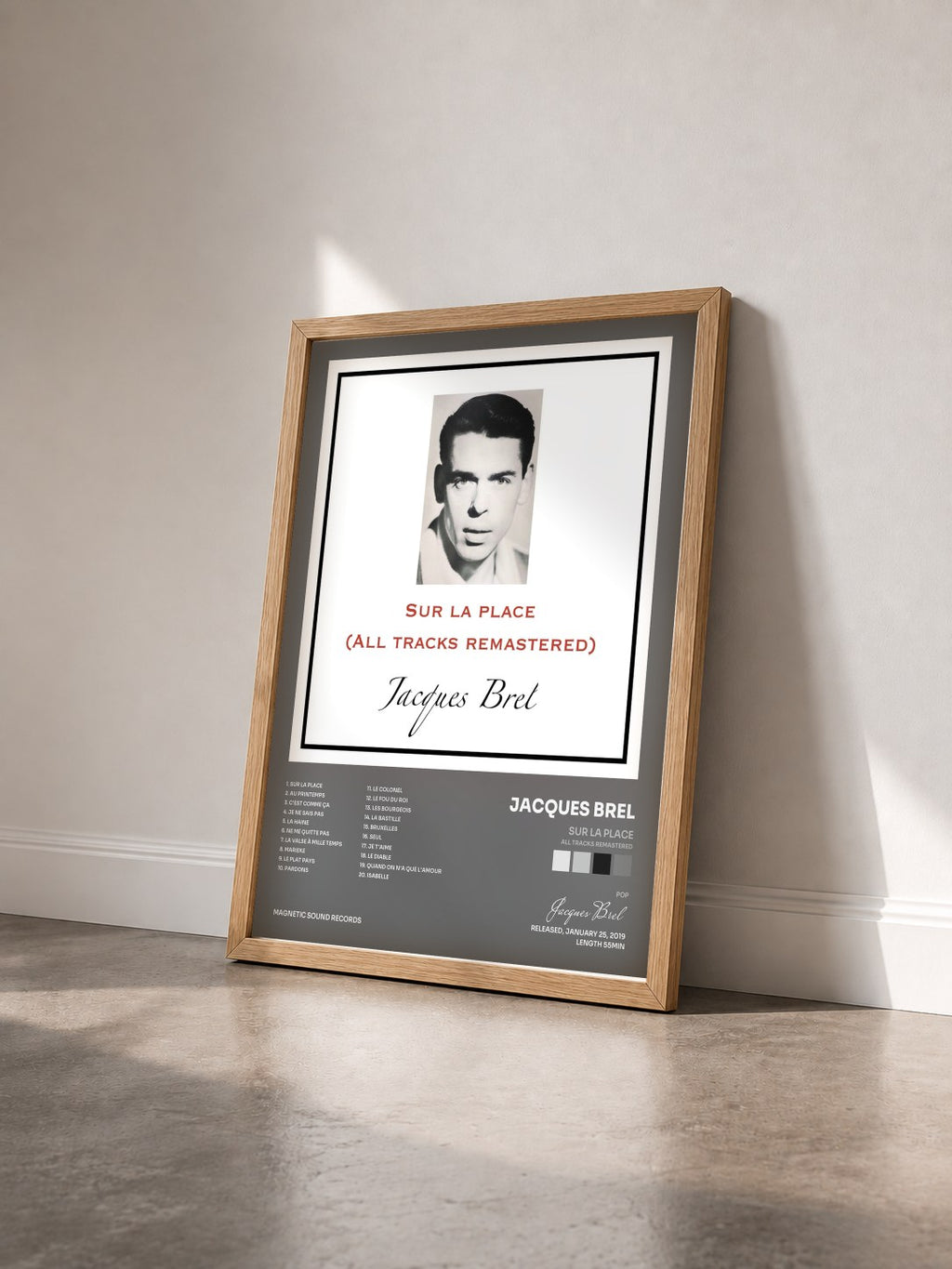 #bois Tableau de l'album Sur la place (All Tracks Remastered) de Jacques Brel vu de trois quarts, cadre en bois brut