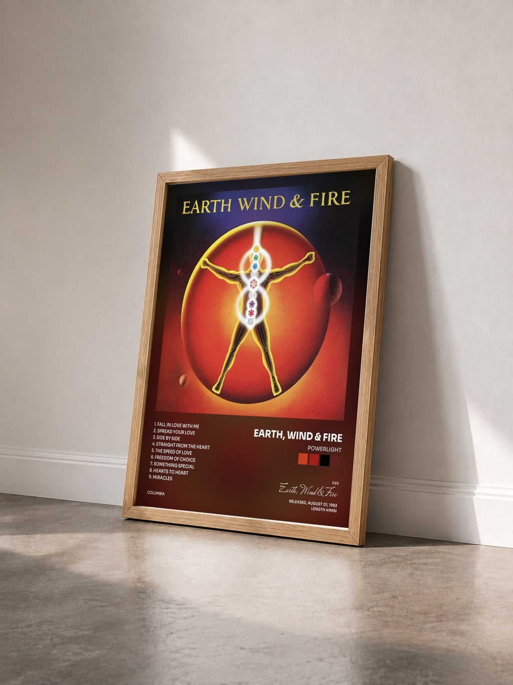 #bois Tableau de l'album Powerlight de Earth, Wind & Fire vu de trois quarts, cadre en bois brut