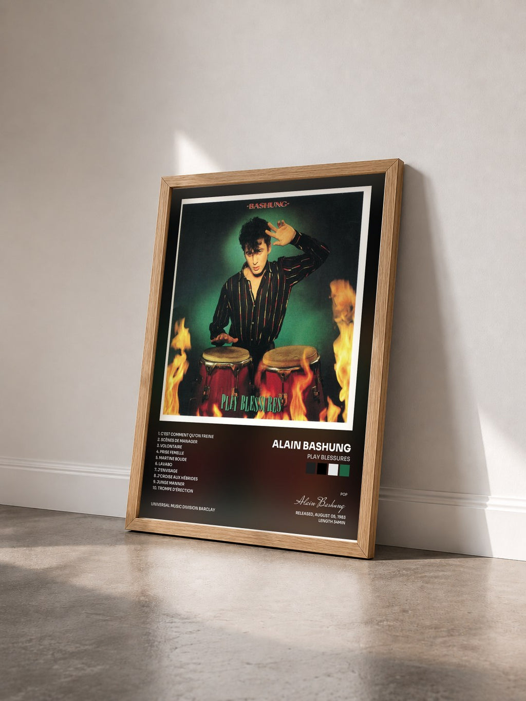 #bois Tableau de l'album Play Blessures de Alain Bashung vu de trois quarts, cadre en bois brut