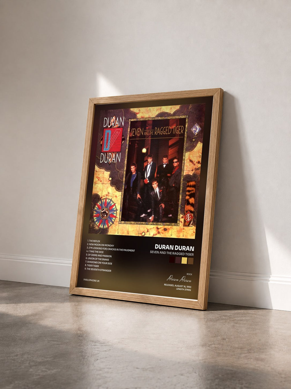 #bois Tableau de l'album Seven and the Ragged Tiger de Duran Duran vu de trois quarts, cadre en bois brut