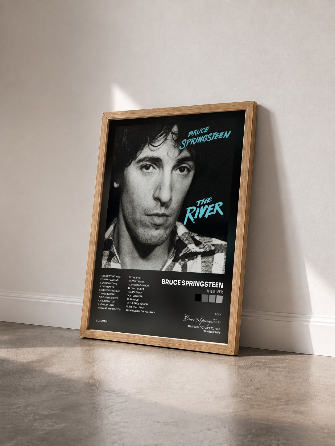 #bois Tableau de l'album The River de Bruce Springsteen vu de trois quarts, cadre en bois brut