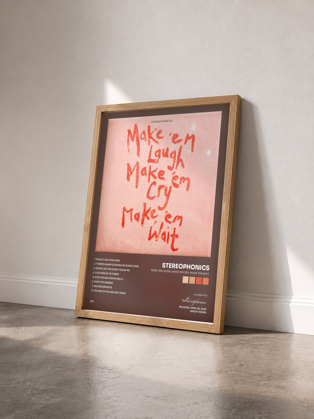 #bois Tableau de l'album Make ‘em Laugh, Make ‘em Cry, Make ‘em Wait de Stereophonics vu de trois quarts, cadre en bois brut