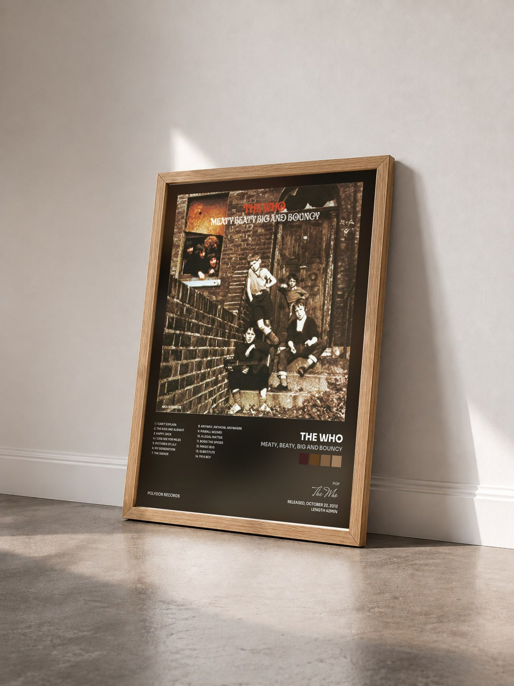 #bois Tableau de l'album Meaty, Beaty, Big And Bouncy de The Who vu de trois quarts, cadre en bois brut