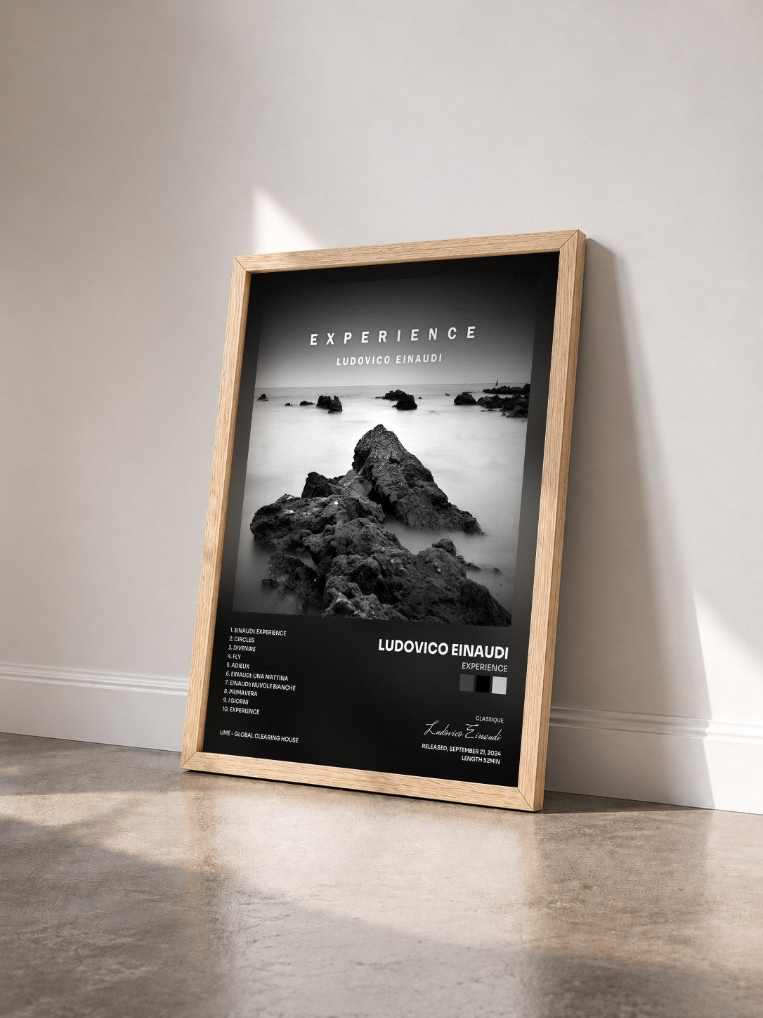#bois Tableau de l'album Experience de Ludovico Einaudi vu de trois quarts, cadre en bois brut