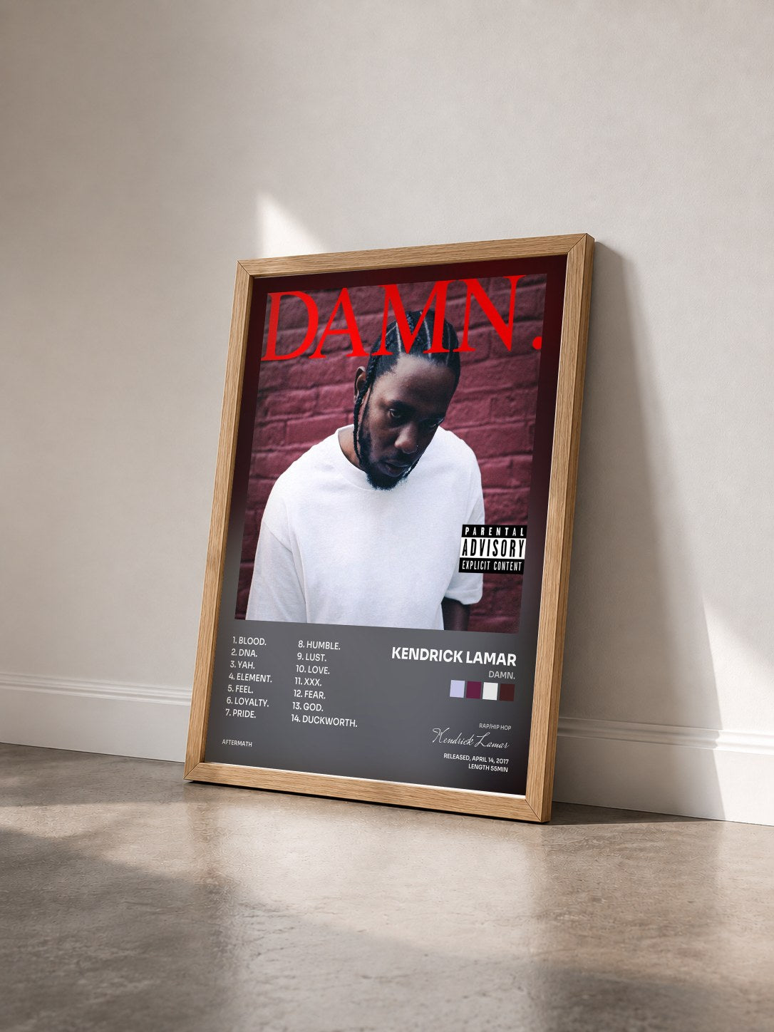 #bois Tableau de l'album DAMN. de Kendrick Lamar vu de trois quarts, cadre en bois brut