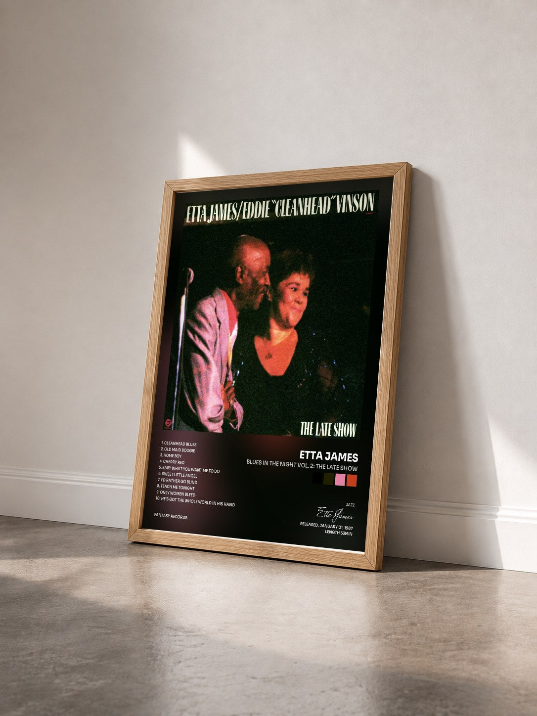#bois Tableau de l'album Blues In The Night Vol. 2: The Late Show de Etta James vu de trois quarts, cadre en bois brut