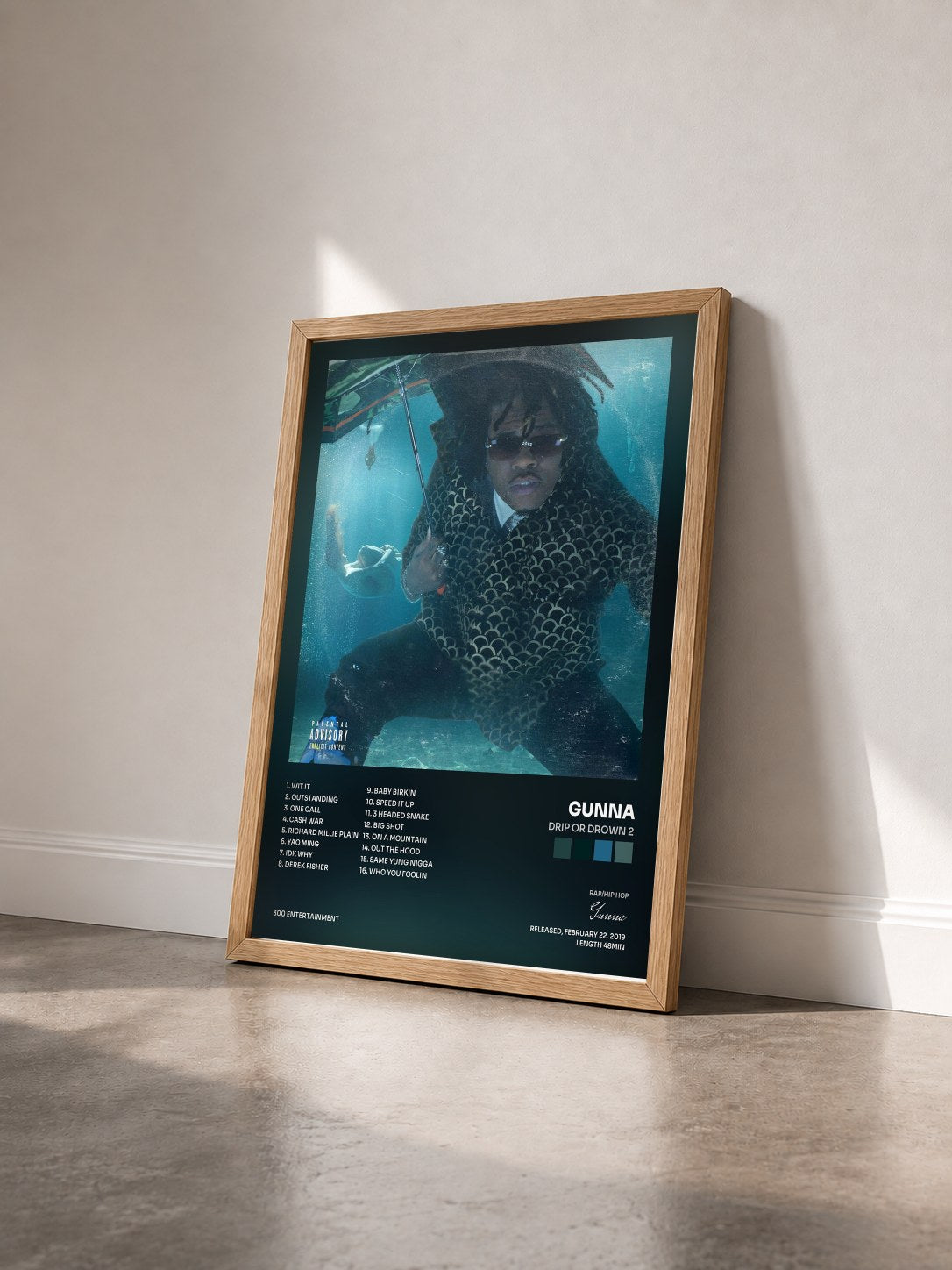 #bois Tableau de l'album Drip or Drown 2 de Gunna vu de trois quarts, cadre en bois brut