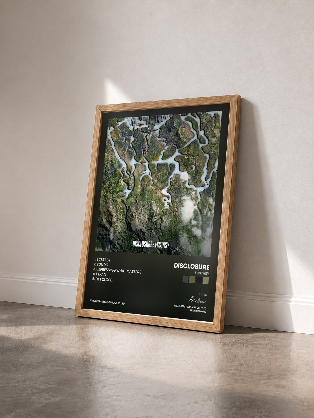 #bois Tableau de l'album Ecstasy de Disclosure vu de trois quarts, cadre en bois brut