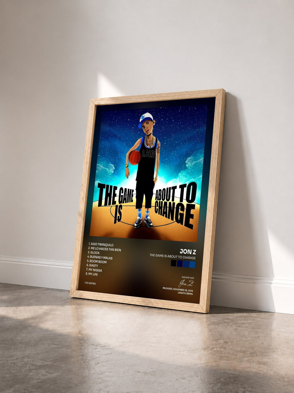 #bois Tableau de l'album The Game Is About to Change de Jon Z vu de trois quarts, cadre en bois brut