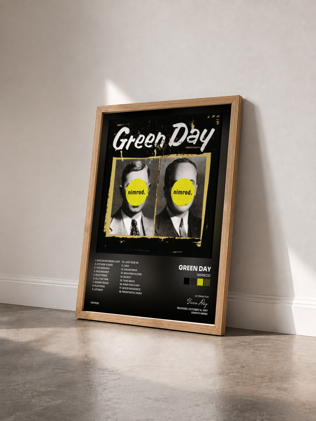 #bois Tableau de l'album Nimrod de Green Day vu de trois quarts, cadre en bois brut