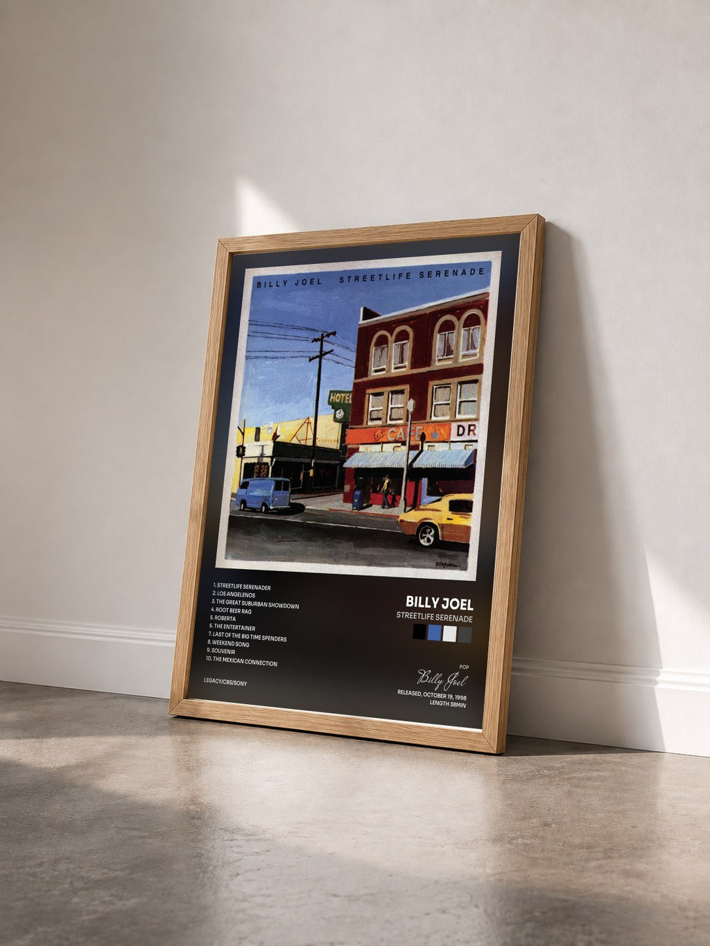 #bois Tableau de l'album Streetlife Serenade de Billy Joel vu de trois quarts, cadre en bois brut