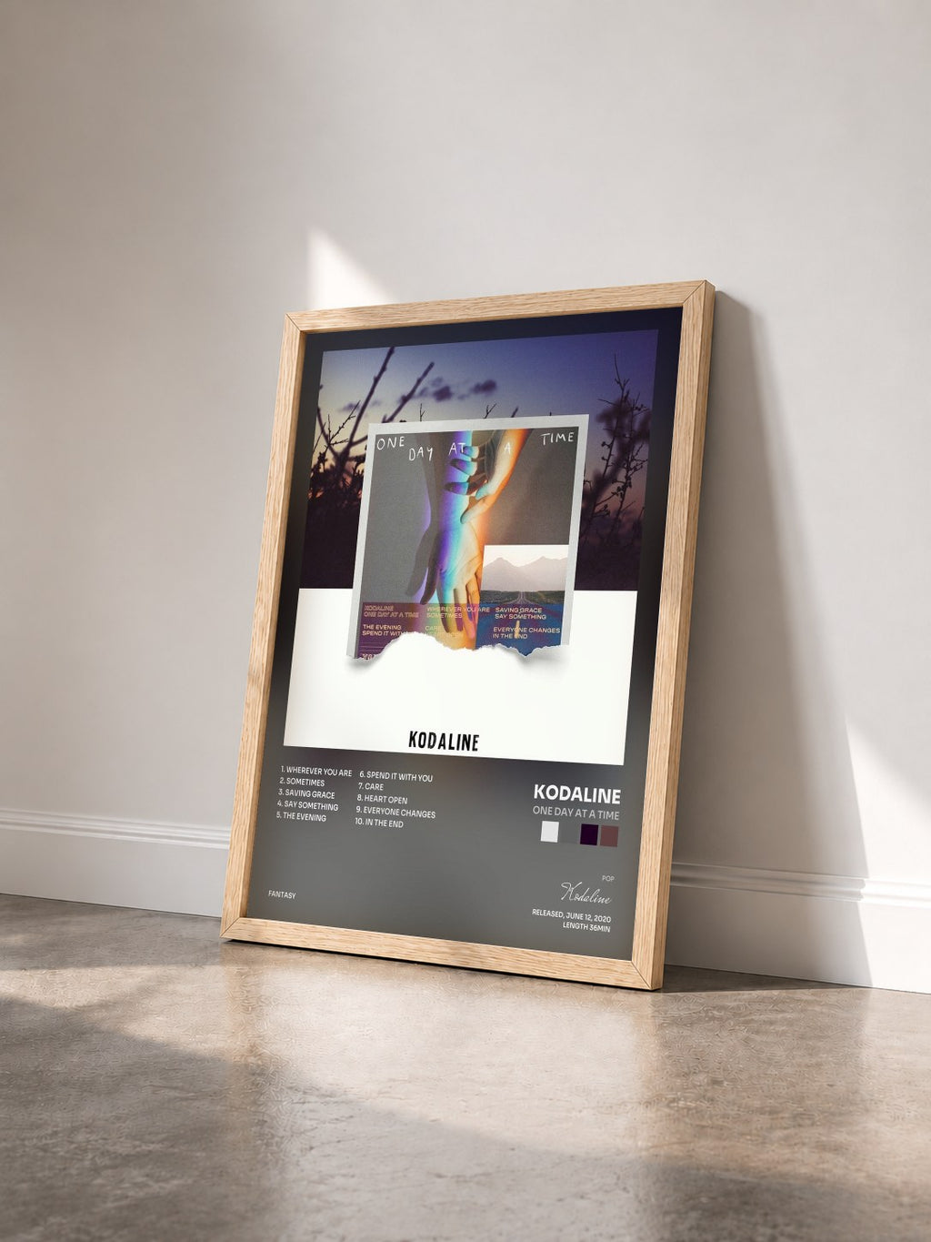 #bois Tableau de l'album One Day At A Time de Kodaline vu de trois quarts, cadre en bois brut