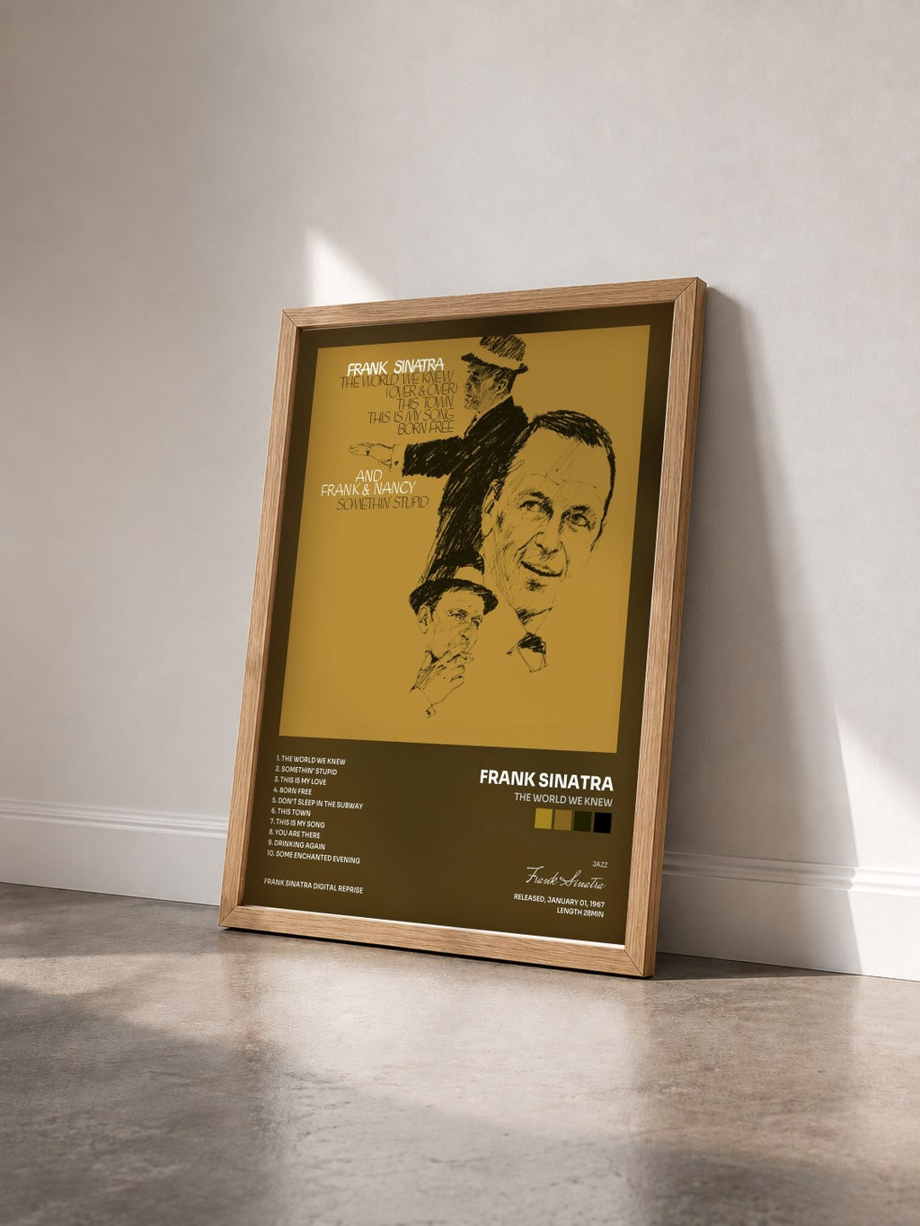 #bois Tableau de l'album The World We Knew de Frank Sinatra vu de trois quarts, cadre en bois brut