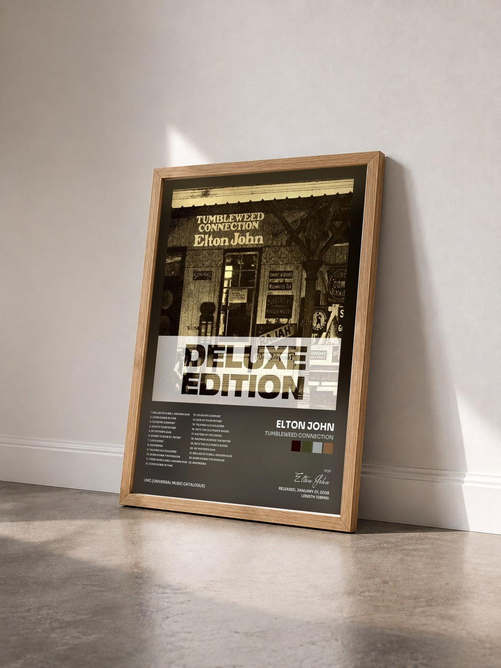 #bois Tableau de l'album Tumbleweed Connection de Elton John vu de trois quarts, cadre en bois brut