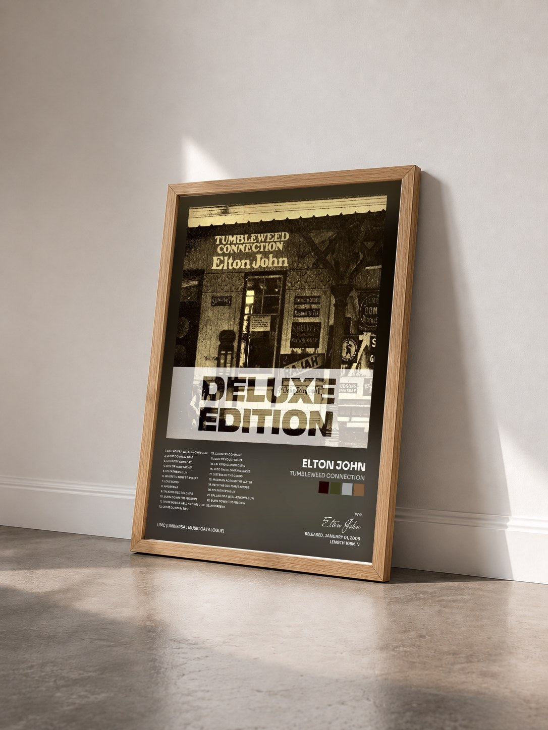 #bois Tableau de l'album Tumbleweed Connection de Elton John vu de trois quarts, cadre en bois brut