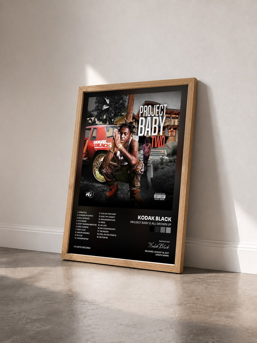 #bois Tableau de l'album Project Baby 2: All Grown Up de Kodak Black vu de trois quarts, cadre en bois brut