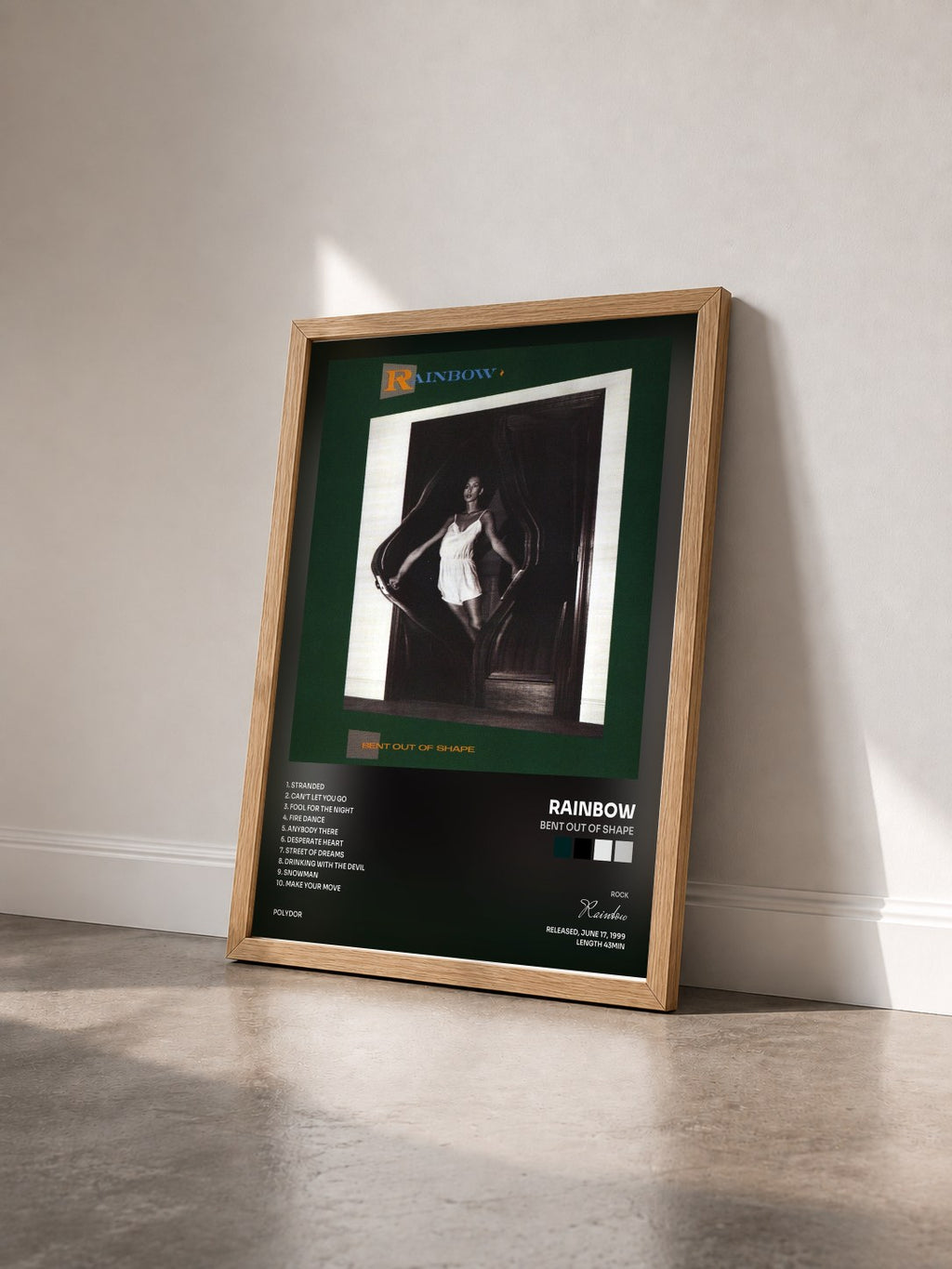 #bois Tableau de l'album Bent Out Of Shape de Rainbow vu de trois quarts, cadre en bois brut