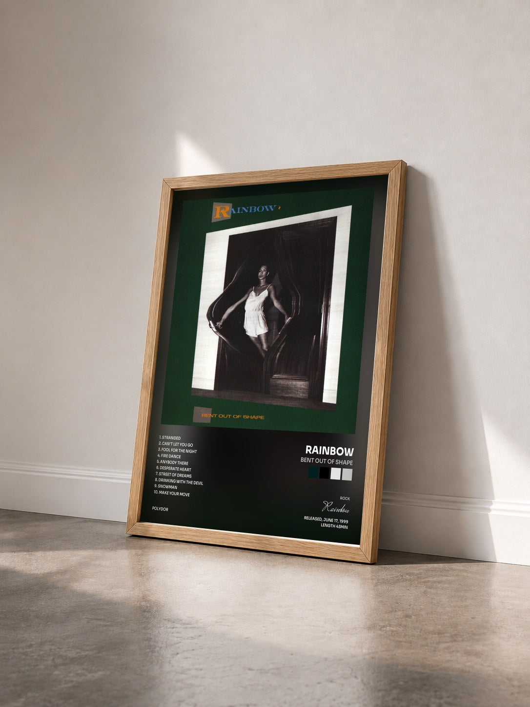 #bois Tableau de l'album Bent Out Of Shape de Rainbow vu de trois quarts, cadre en bois brut