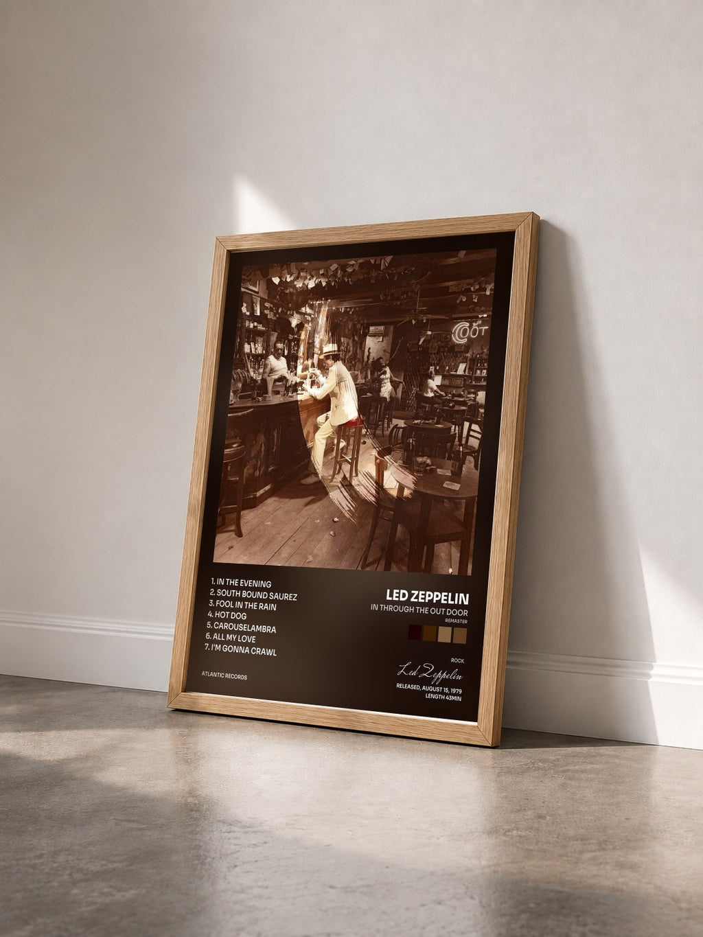 #bois Tableau de l'album In Through the out Door (Remaster) de Led Zeppelin vu de trois quarts, cadre en bois brut