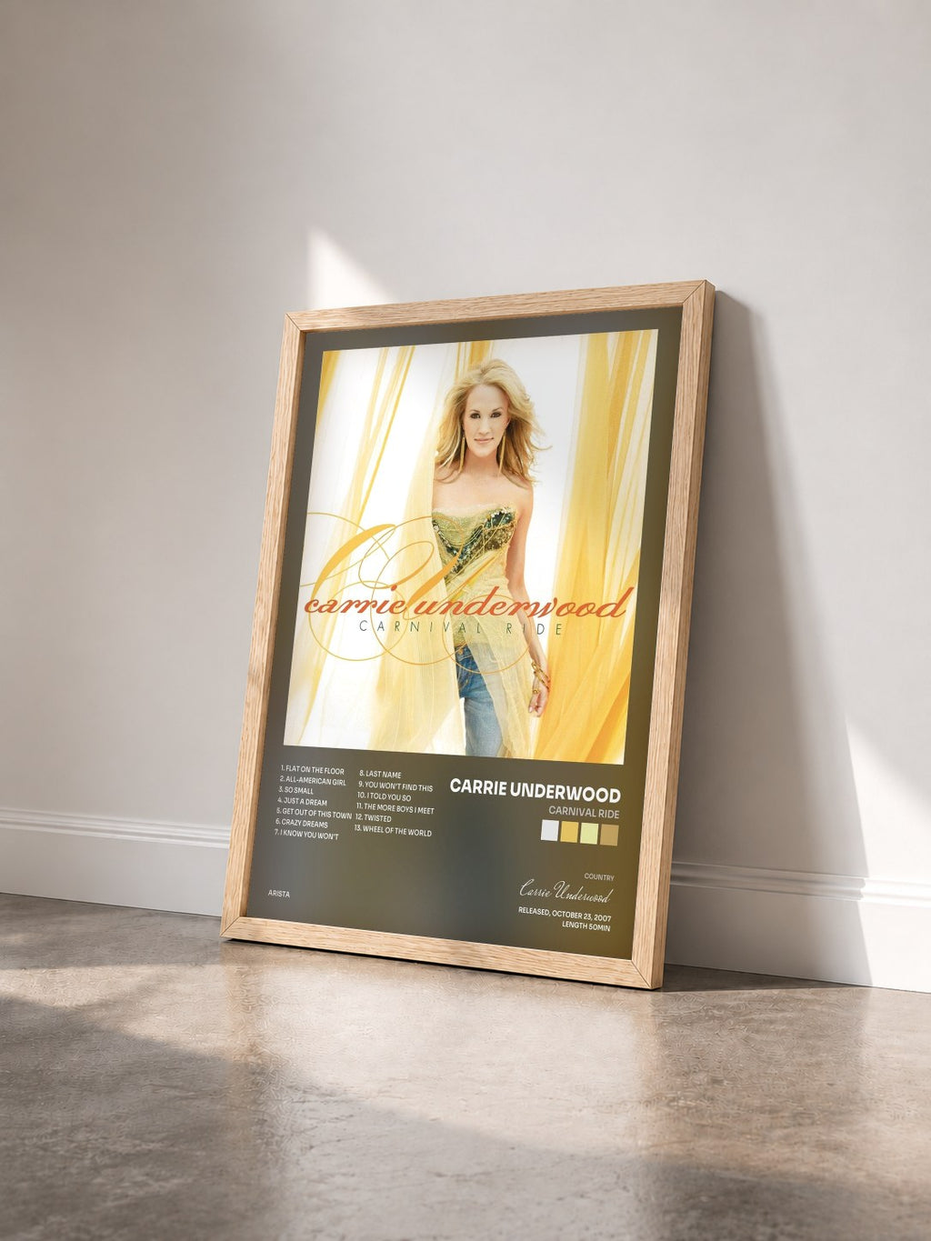 #bois Tableau de l'album Carnival Ride de Carrie Underwood vu de trois quarts, cadre en bois brut
