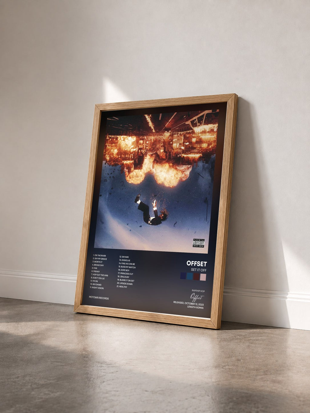 #bois Tableau de l'album SET IT OFF de Offset vu de trois quarts, cadre en bois brut