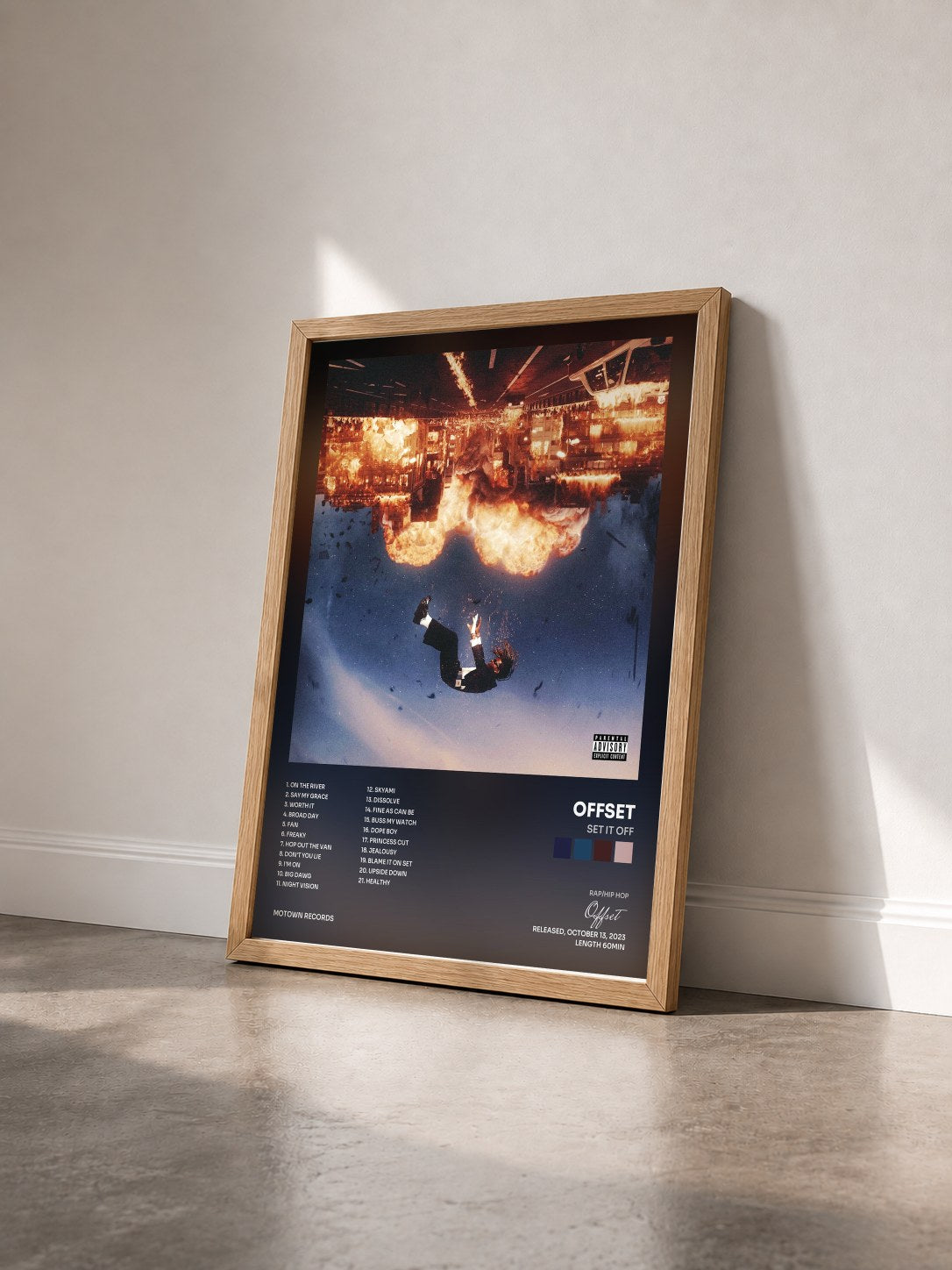 #bois Tableau de l'album SET IT OFF de Offset vu de trois quarts, cadre en bois brut