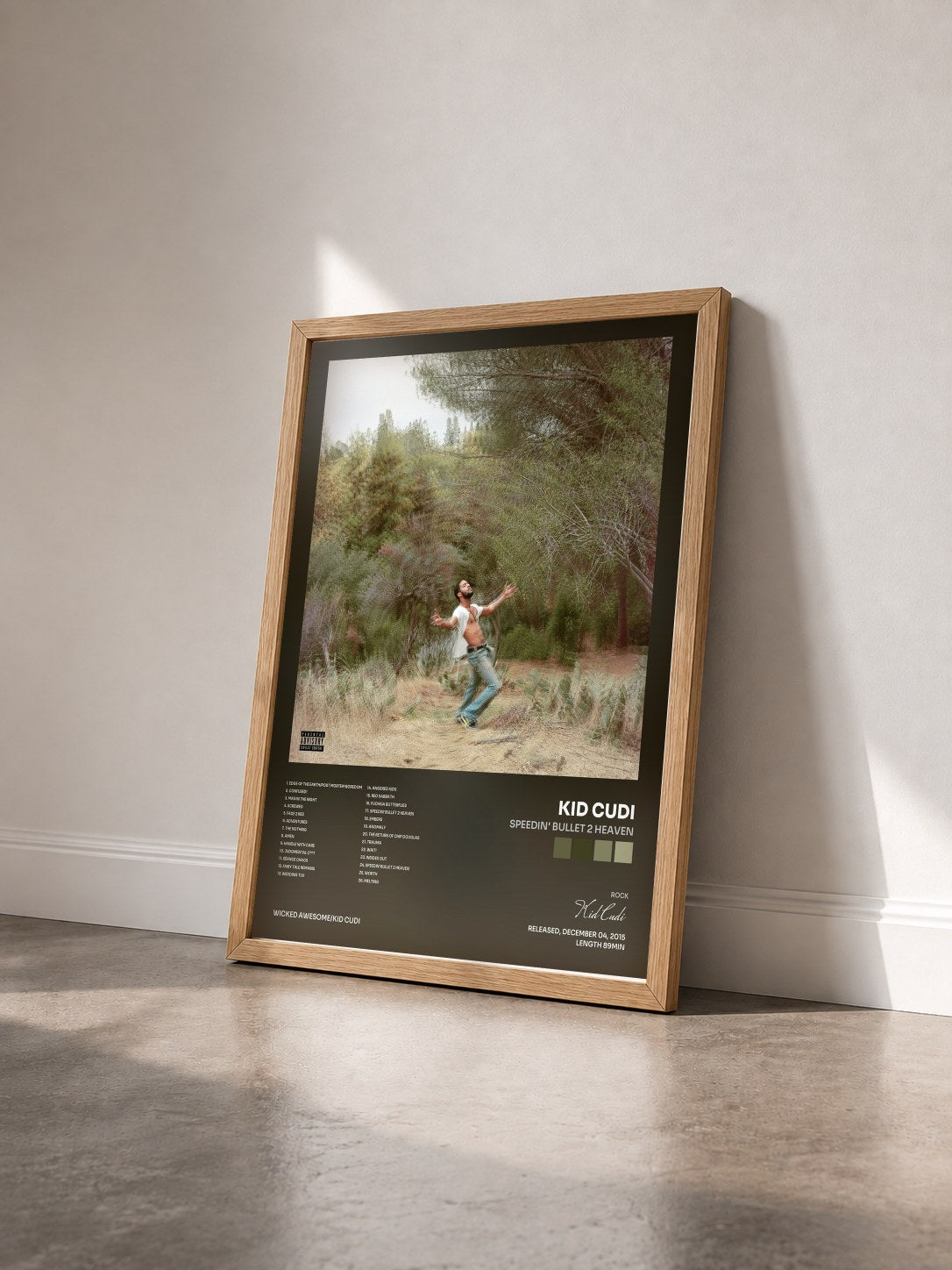 #bois Tableau de l'album Speedin' Bullet 2 Heaven de Kid Cudi vu de trois quarts, cadre en bois brut