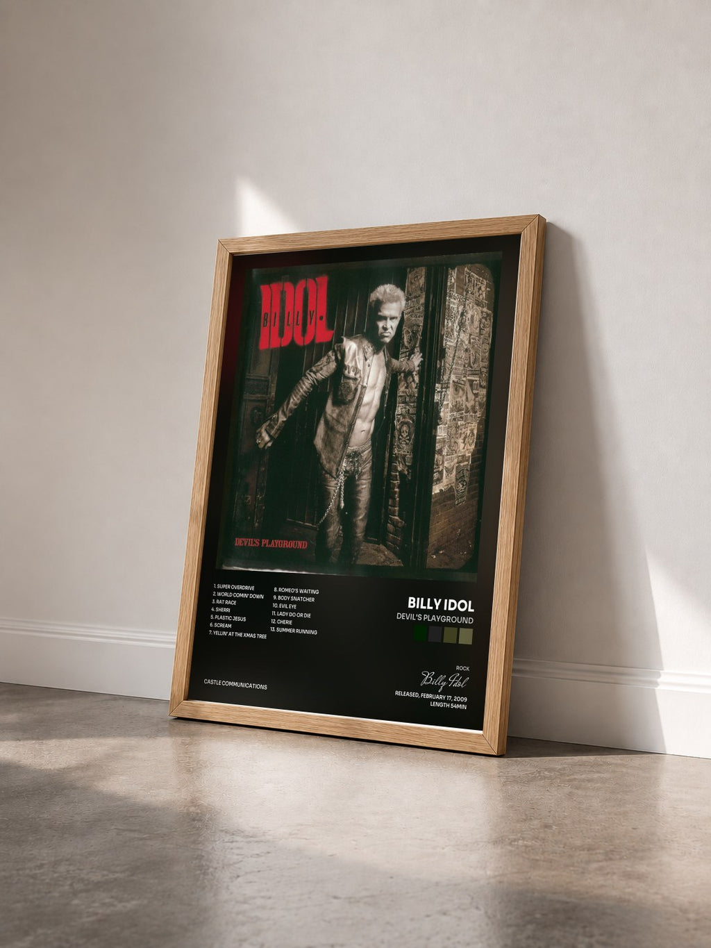 #bois Tableau de l'album Devil's Playground de Billy Idol vu de trois quarts, cadre en bois brut