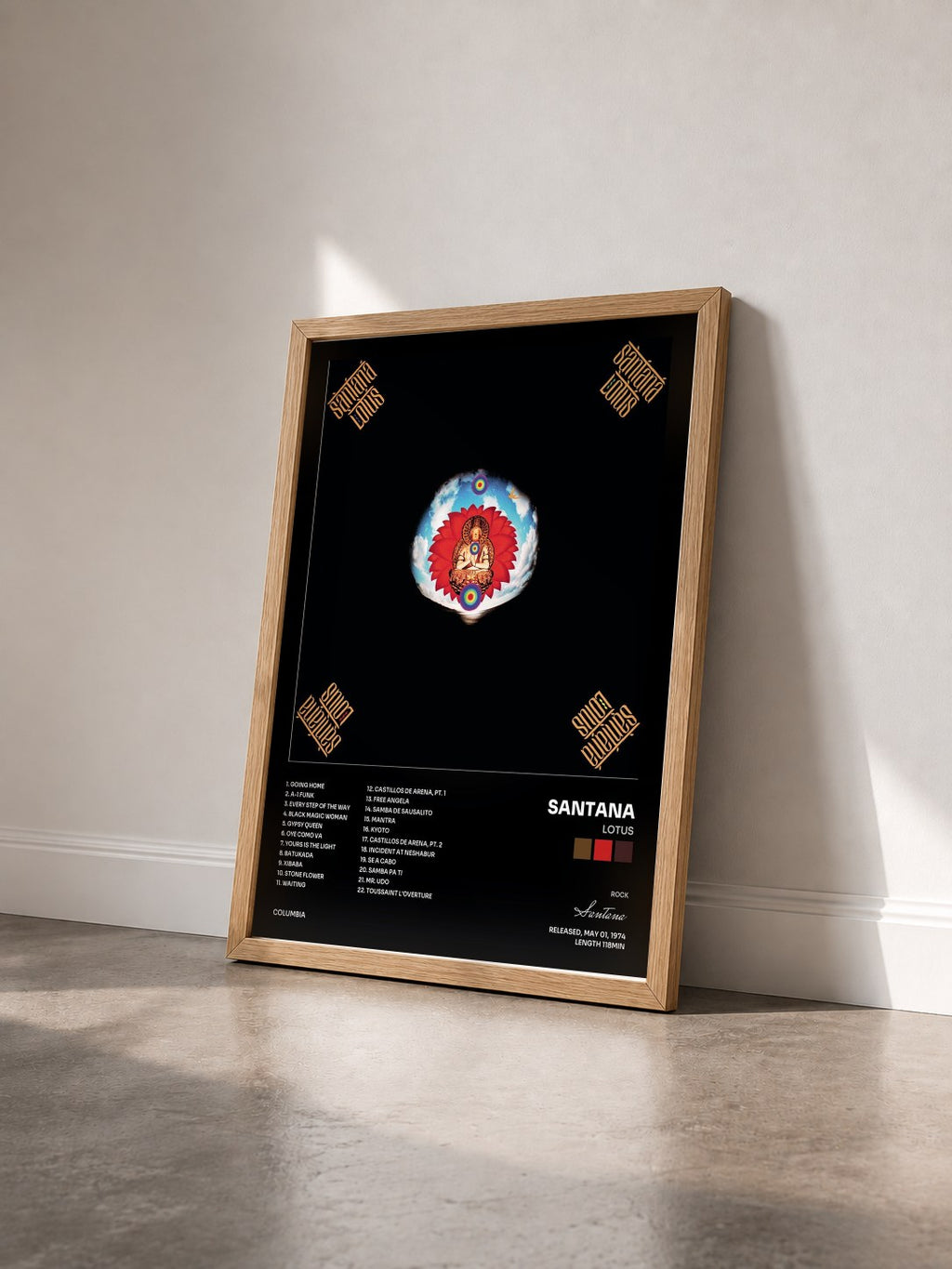 #bois Tableau de l'album Lotus de Santana vu de trois quarts, cadre en bois brut