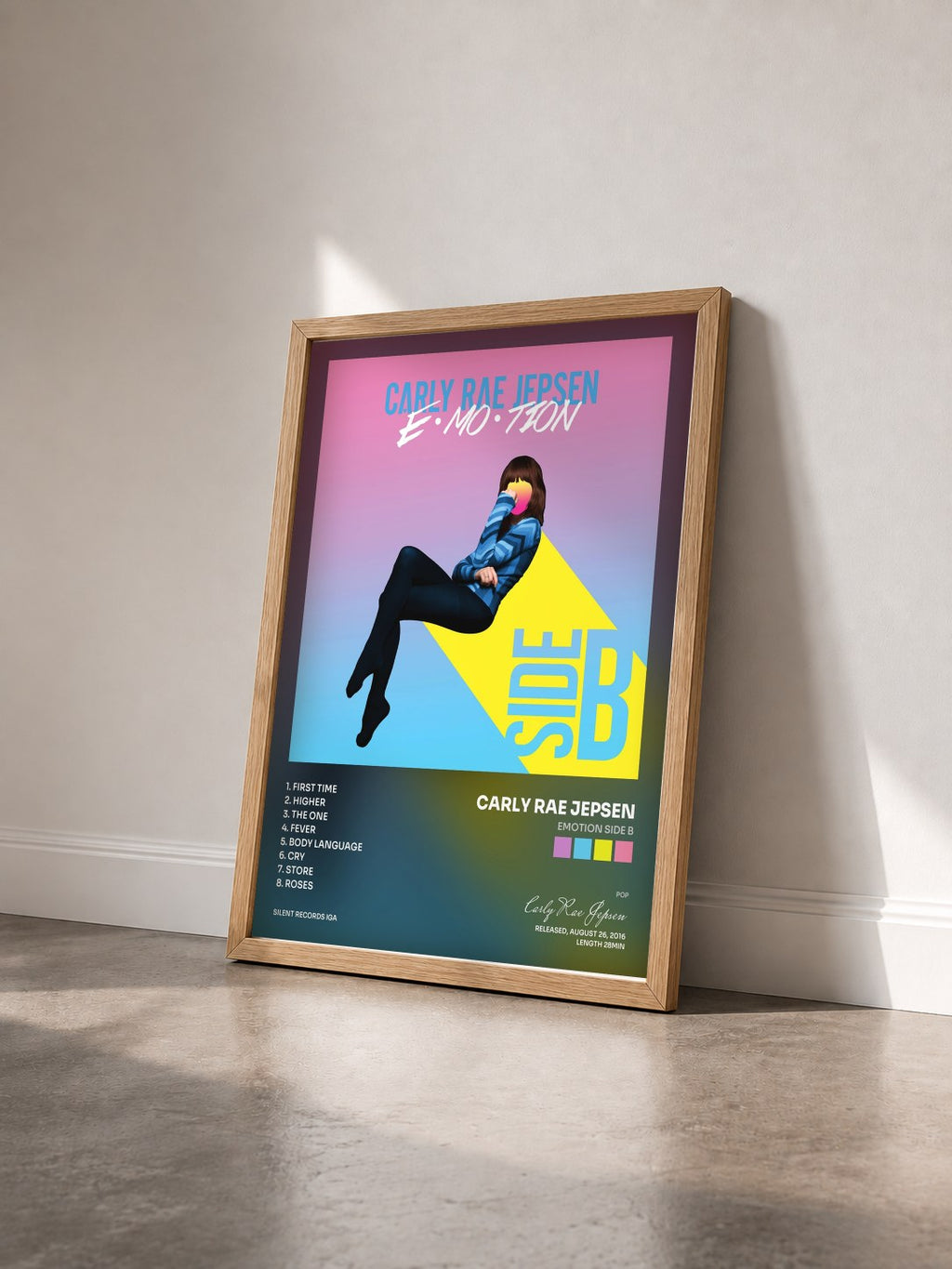 #bois Tableau de l'album EMOTION SIDE B de Carly Rae Jepsen vu de trois quarts, cadre en bois brut