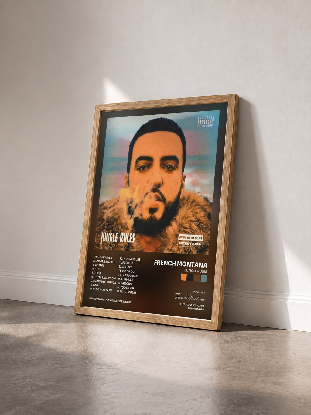 #bois Tableau de l'album Jungle Rules de French Montana vu de trois quarts, cadre en bois brut