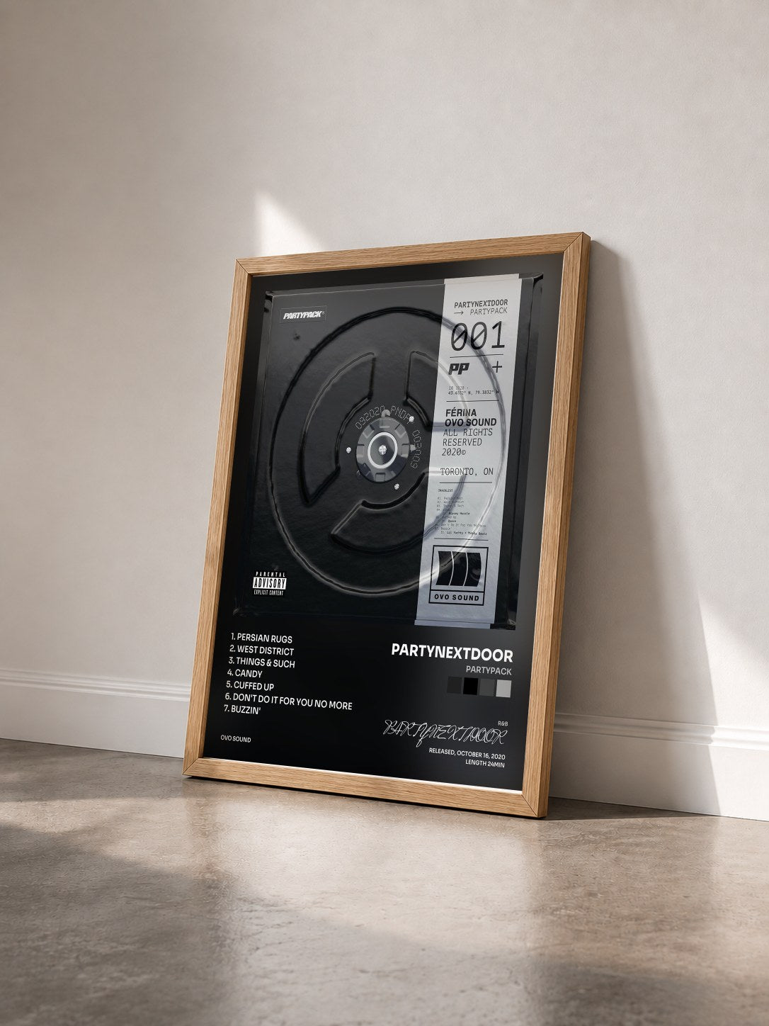 #bois Tableau de l'album PARTYPACK de PARTYNEXTDOOR vu de trois quarts, cadre en bois brut