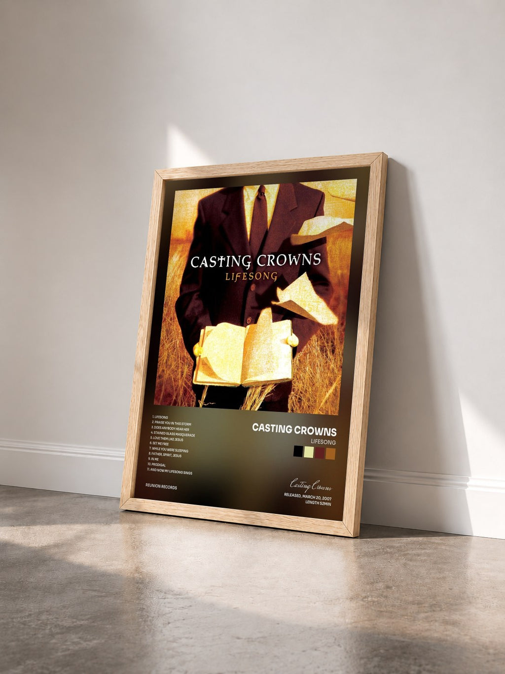 #bois Tableau de l'album Lifesong de Casting Crowns vu de trois quarts, cadre en bois brut