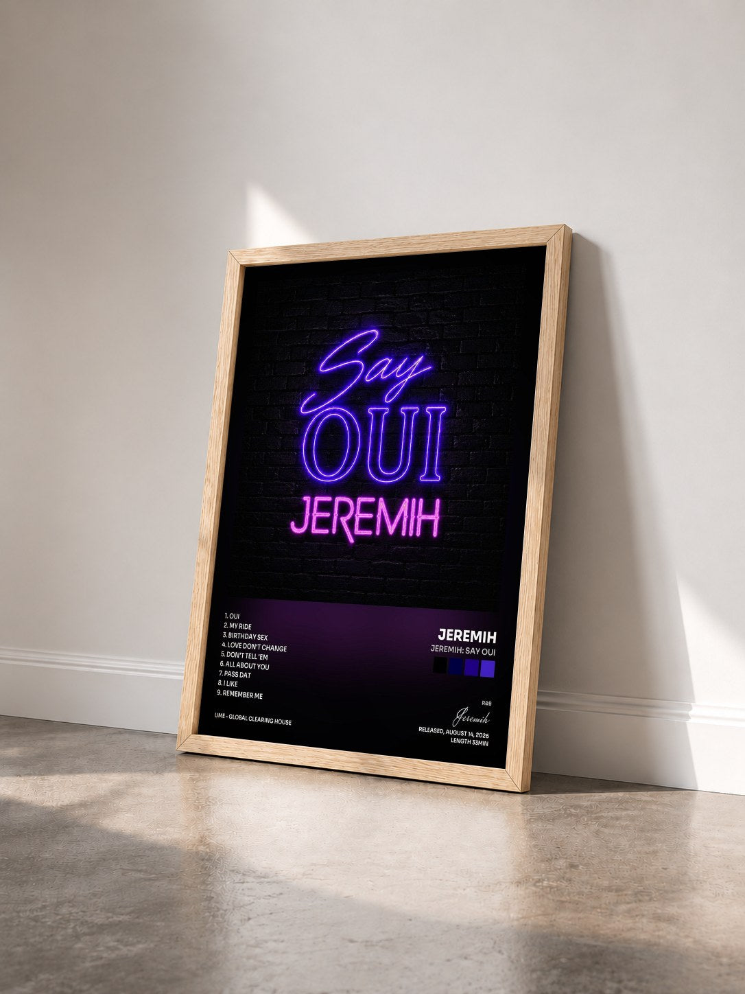 #bois Tableau de l'album Jeremih: Say Oui de Jeremih vu de trois quarts, cadre en bois brut