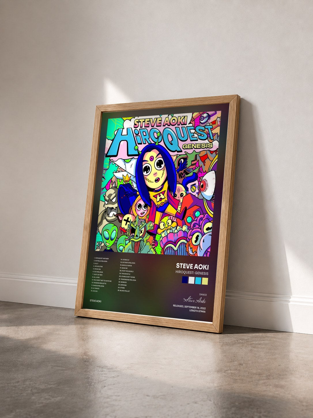 #bois Tableau de l'album HiROQUEST: Genesis de Steve Aoki vu de trois quarts, cadre en bois brut