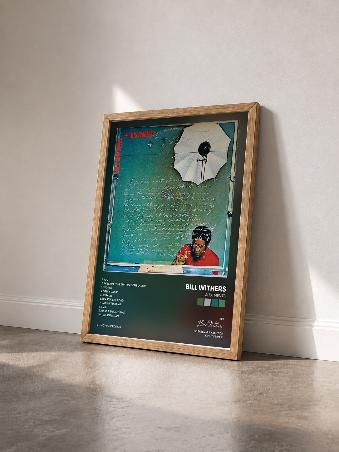 #bois Tableau de l'album 'Justments de Bill Withers vu de trois quarts, cadre en bois brut