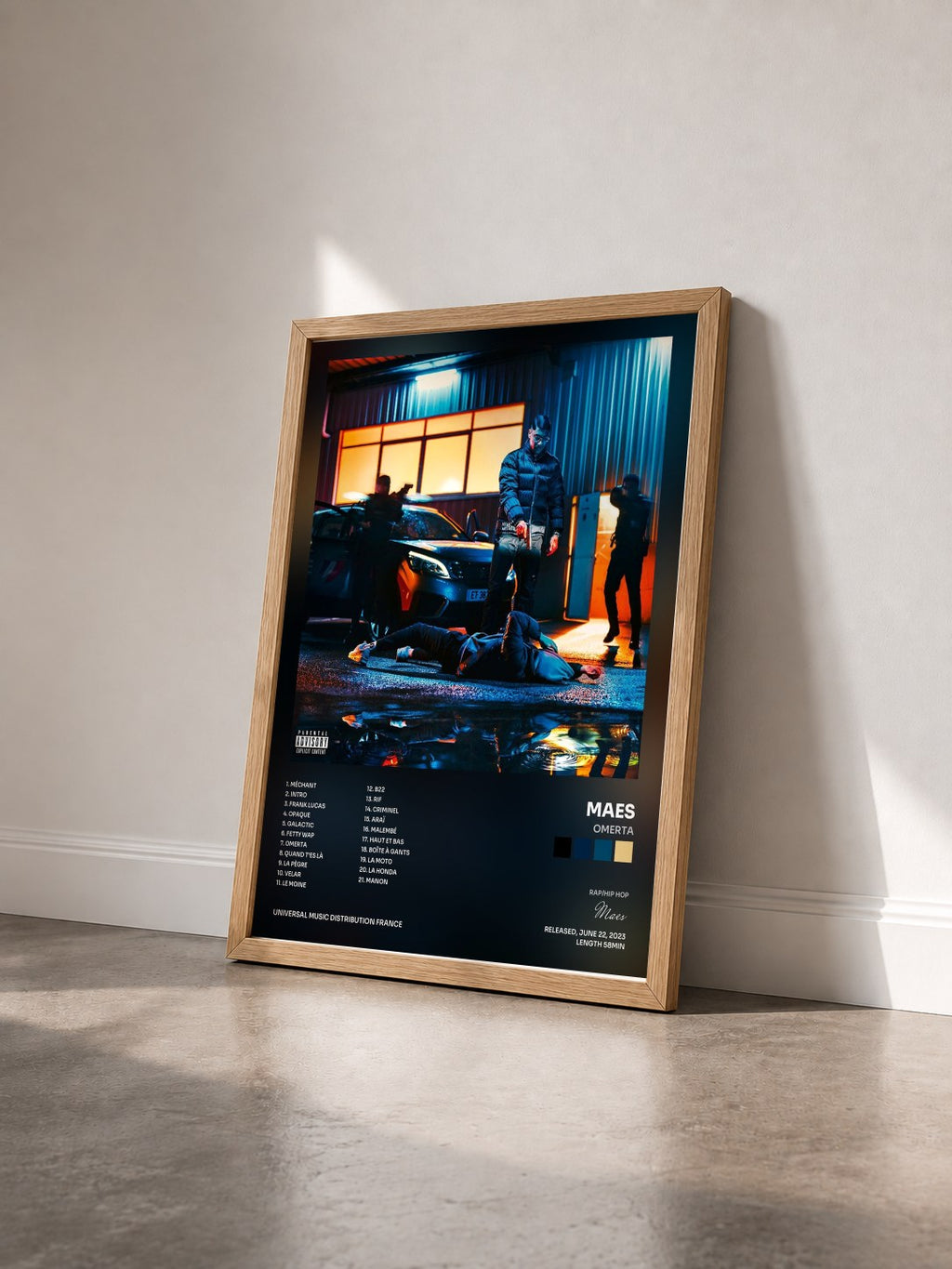 #bois Tableau de l'album OMERTA de Maes vu de trois quarts, cadre en bois brut