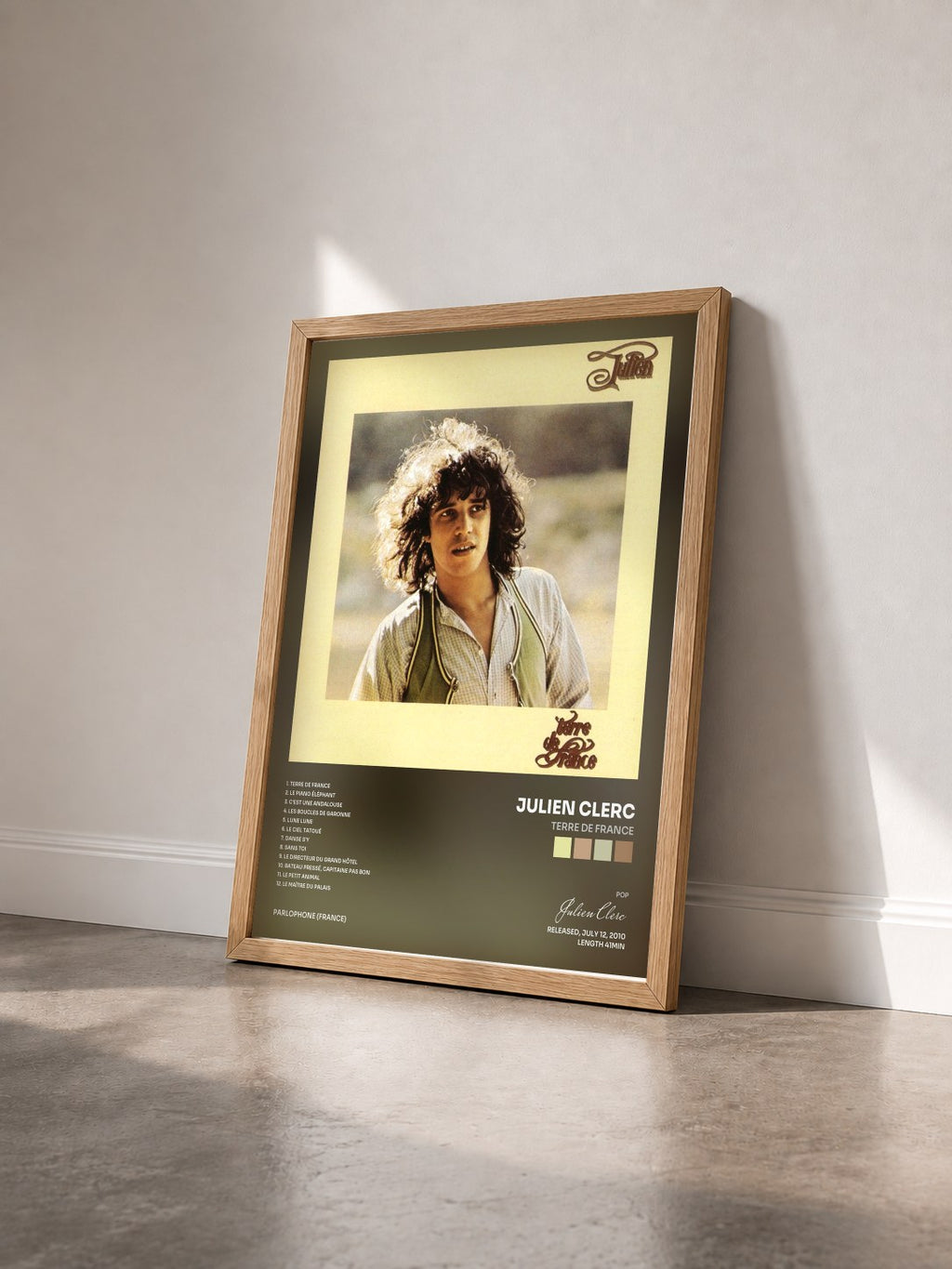 #bois Tableau de l'album Terre de France de Julien Clerc vu de trois quarts, cadre en bois brut