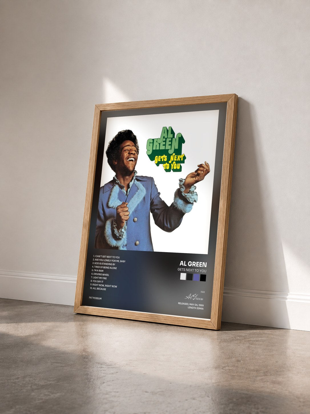 #bois Tableau de l'album Gets Next to You de Al Green vu de trois quarts, cadre en bois brut