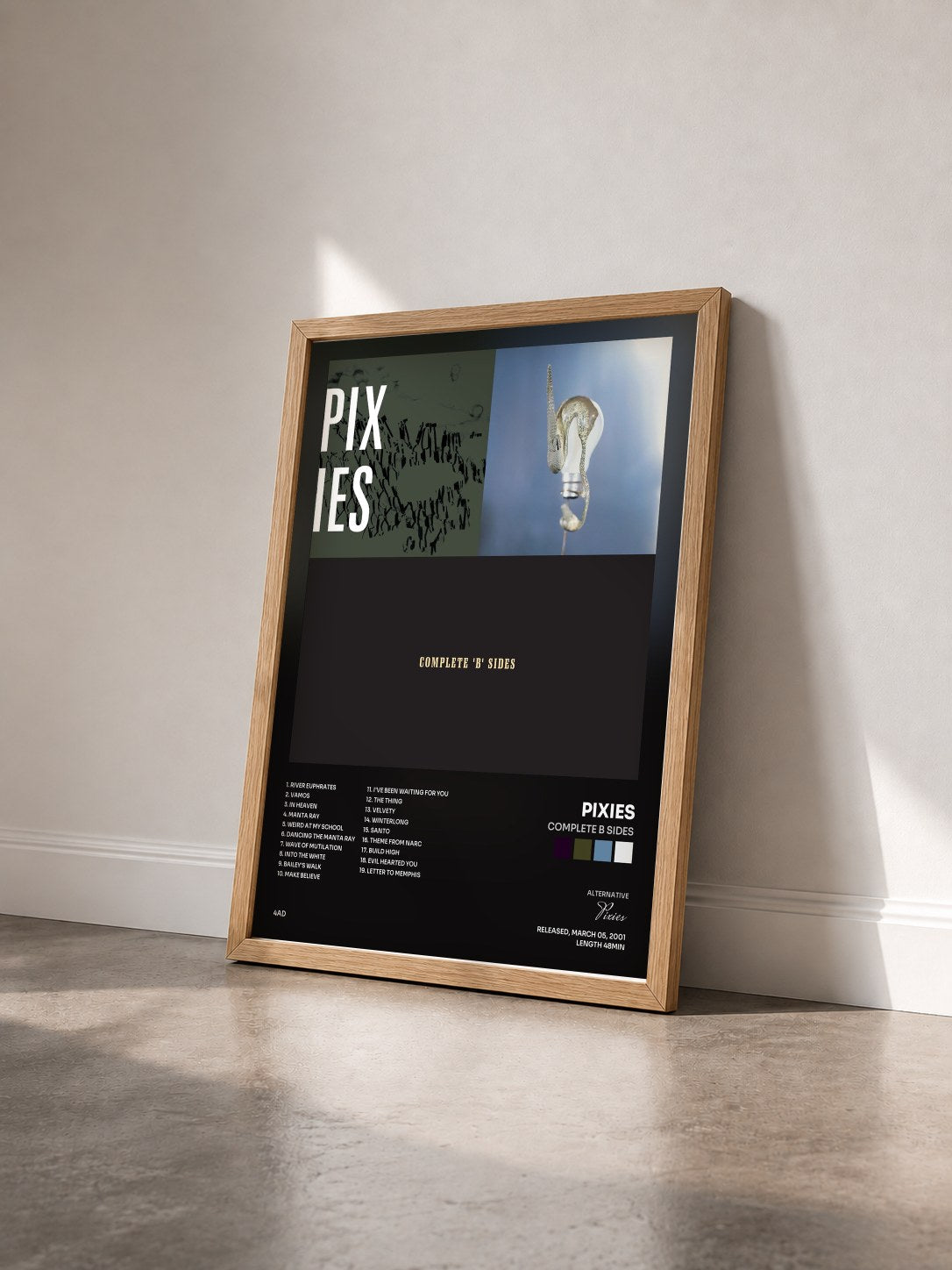 #bois Tableau de l'album Complete B Sides de Pixies vu de trois quarts, cadre en bois brut