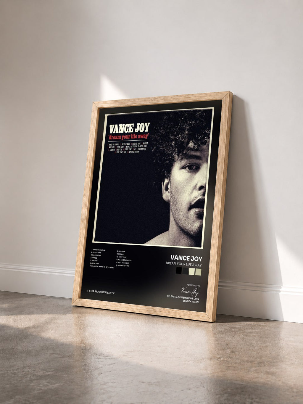 #bois Tableau de l'album Dream Your Life Away de Vance Joy vu de trois quarts, cadre en bois brut