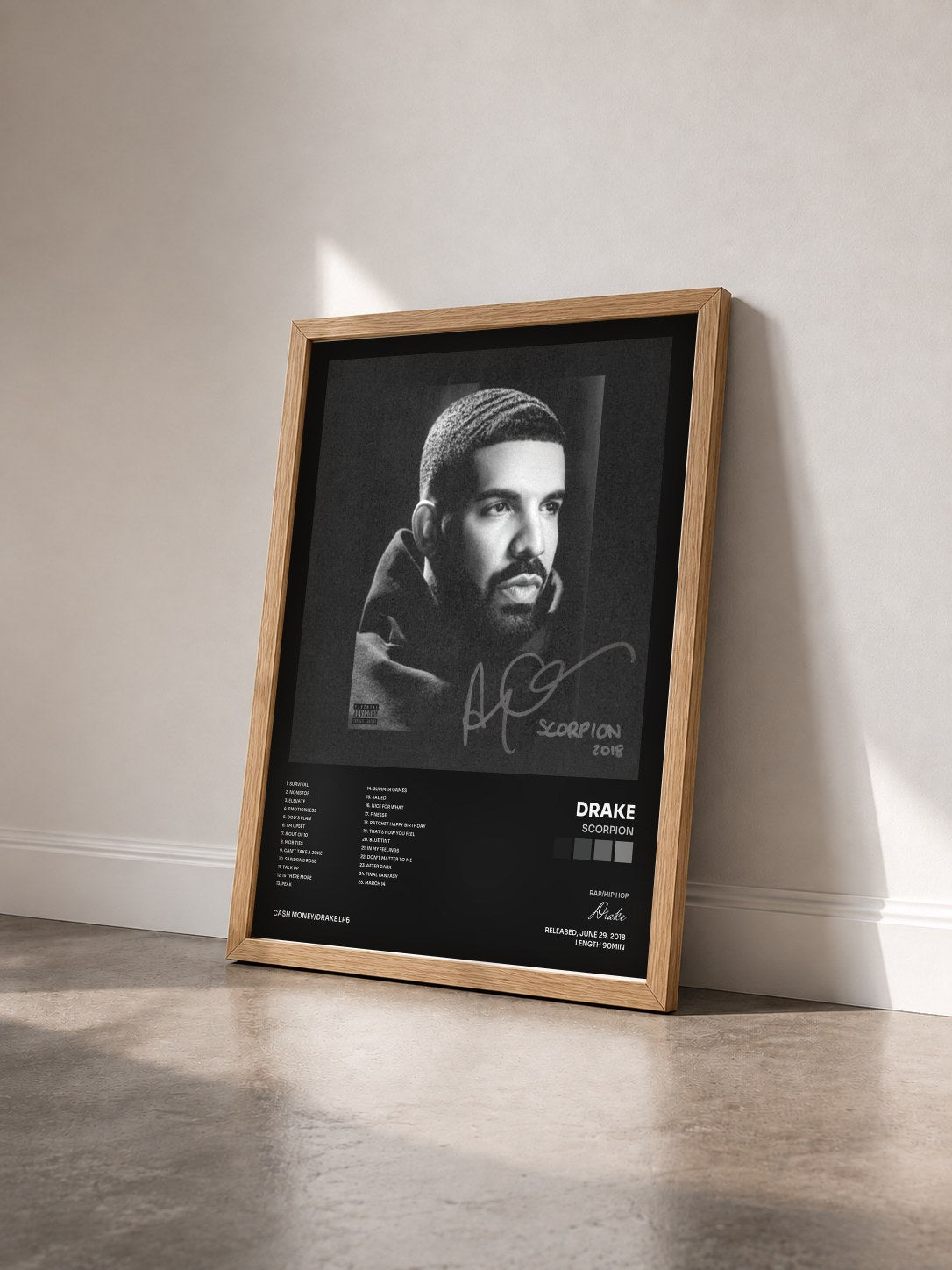 #bois Tableau de l'album Scorpion de Drake vu de trois quarts, cadre en bois brut