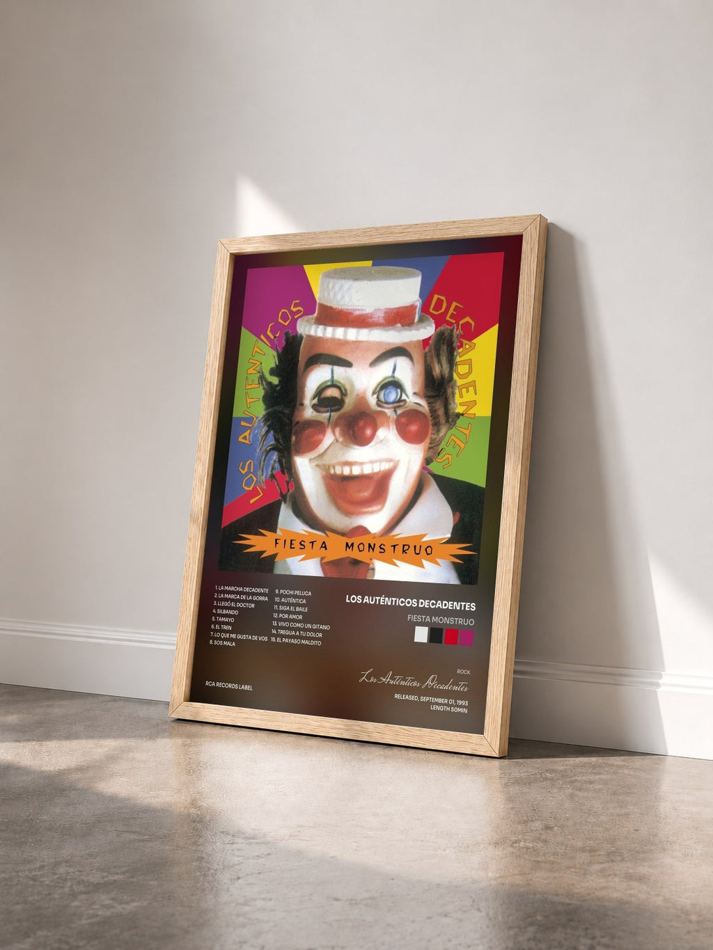 #bois Tableau de l'album Fiesta Monstruo de Los Auténticos Decadentes vu de trois quarts, cadre en bois brut