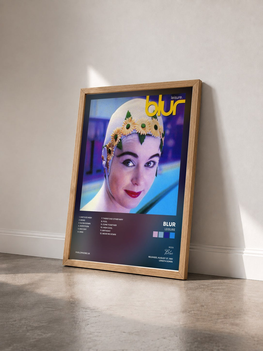 #bois Tableau de l'album Leisure de Blur vu de trois quarts, cadre en bois brut