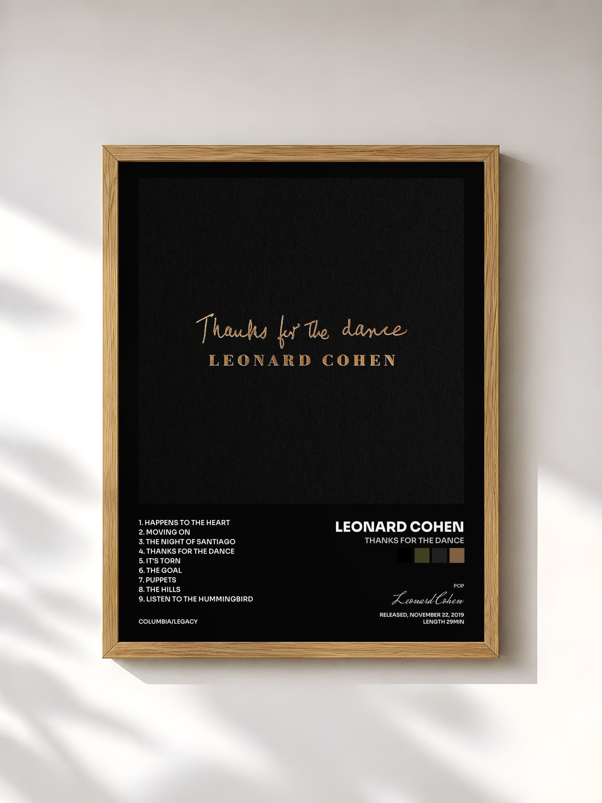 #bois Tableau de l'album Thanks for the Dance de Leonard Cohen, cadre en bois brut, imprimé et encadré en France