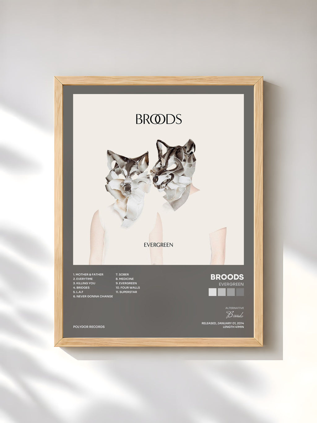 #bois Tableau de l'album Evergreen de Broods, cadre en bois brut, imprimé et encadré en France