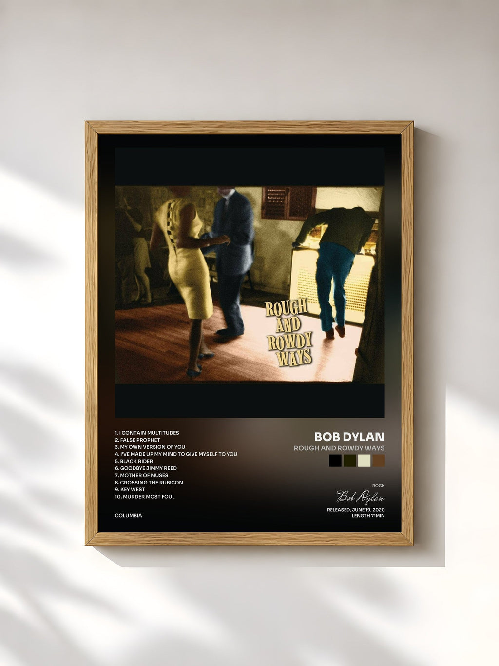 #bois Tableau de l'album Rough and Rowdy Ways de Bob Dylan, cadre en bois brut, imprimé et encadré en France