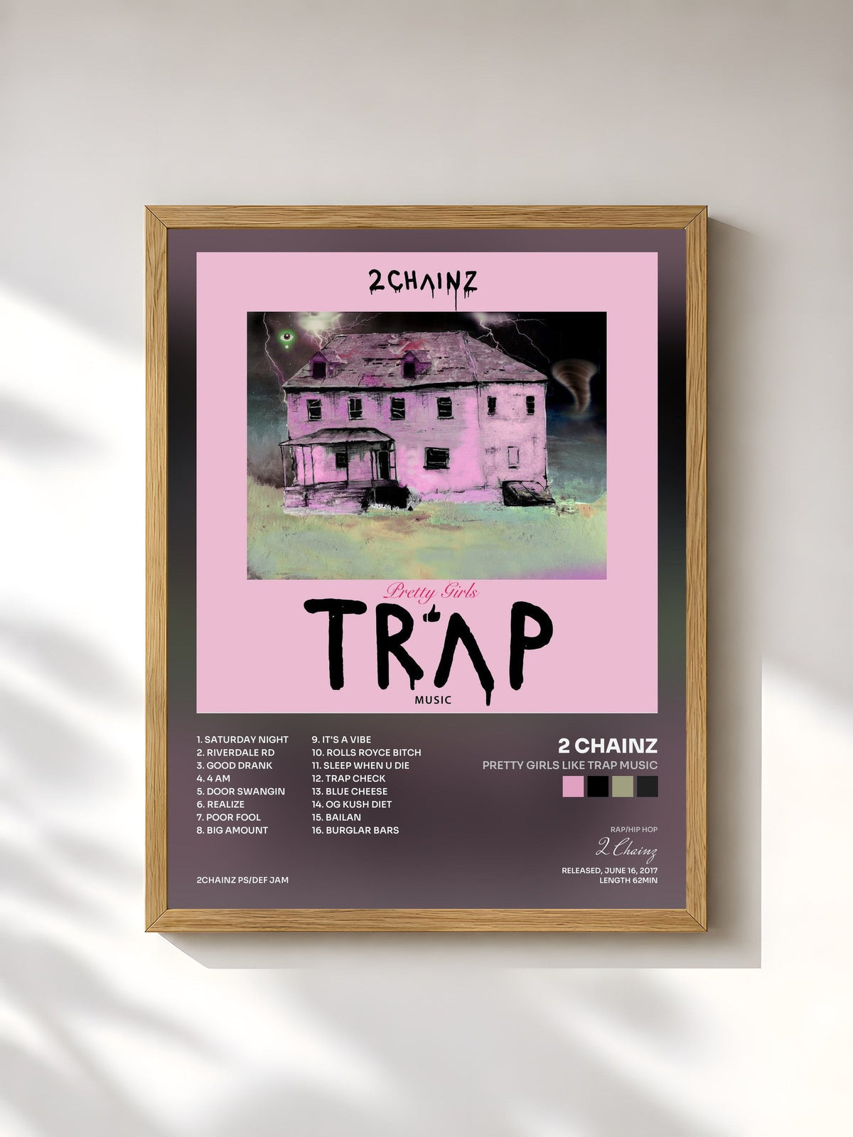 #bois Tableau de l'album Pretty Girls Like Trap Music de 2 Chainz, cadre en bois brut, imprimé et encadré en France